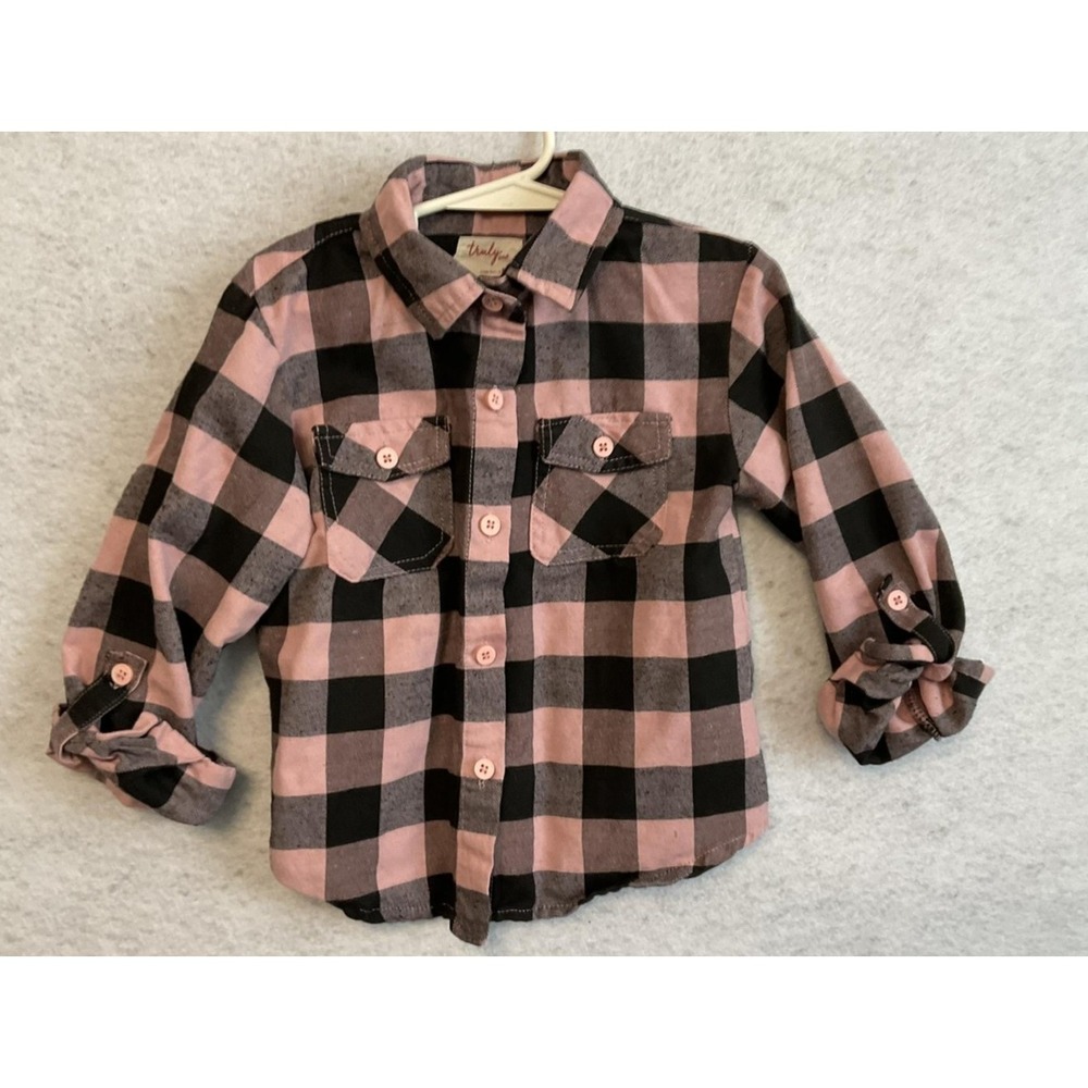 Truly Me Shirt‎ Girls M Pink Buffalo Plaid Button Front Long Sleeve Flannel